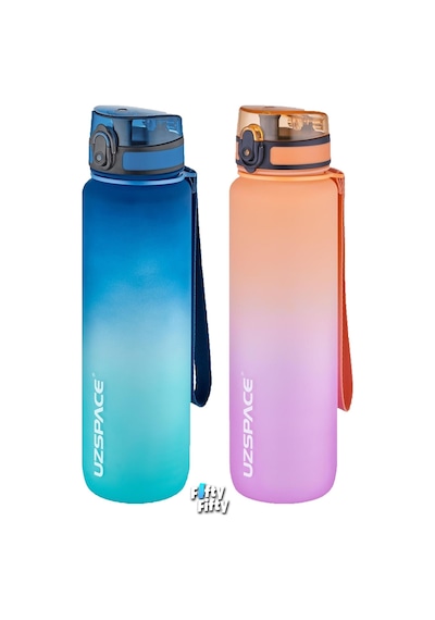 Uzspace 2'li Tritan Matara Seti 1000ml Büyük Boy Çift Renk Softtouch Ff Collection Tritan Su Matarası Mavi Turkuaz - Mor Turuncu