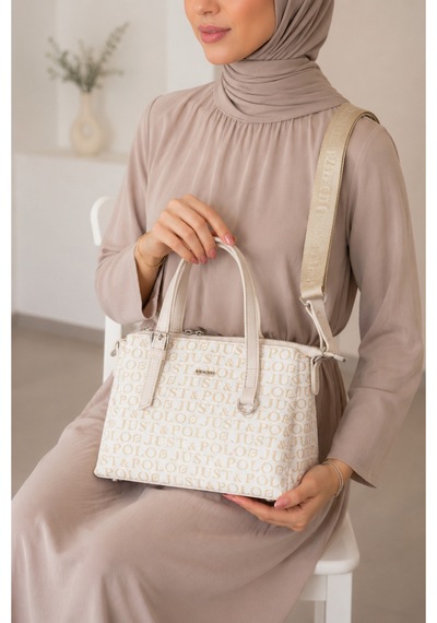 Just Polo Kadın Orta Boy Premium Deri Ayarlanabilir Askılı 3 Bölmeli Şık El & Omuz Çantası Shoulder Bag Krem
