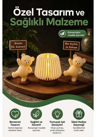 Mutfak Ve Kahve Köşesi Dekorasyon Seti - Işıklı Mini Lamba Ve Mottolu Ayıcık Biblo Figürleri .