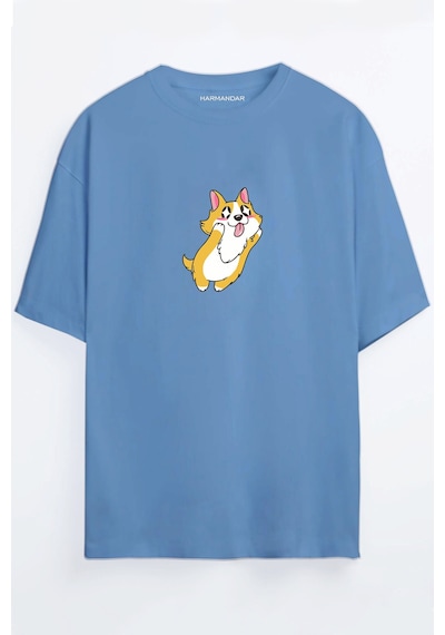 Kawaii Köpek Baskılı Oversize T-shirt Mavi
