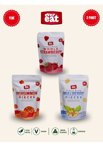 Evereat Çilek-cennet Hurması-dut Freeze Dry Meyve Cipsi 3'lü Paket Doğal Atıştırmalık 1 Adet