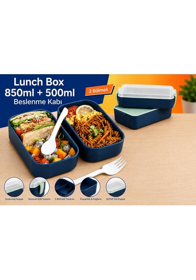 Dordoi Astrallife 2 Katlı Beslenme Kabı 850 Ml + 500 Ml Bölmeli Lunch Box Çatal Kaşık Seti Mavi Renk Çok Renkli