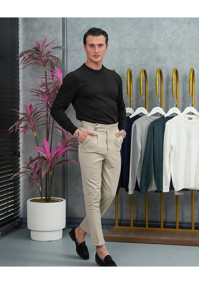 Modefendi Slim Fit Kalıp Pamuk Likra Sade Bisiklet Yaka Triko Kazak Siyah