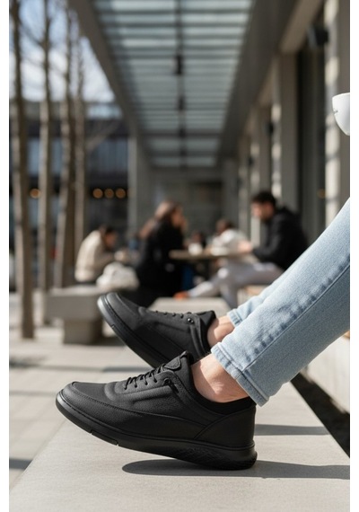 Enoch Hakiki Deri Dalgalı Nakış Detaylı Erkek Sneaker Ortopedik Taban Siyah