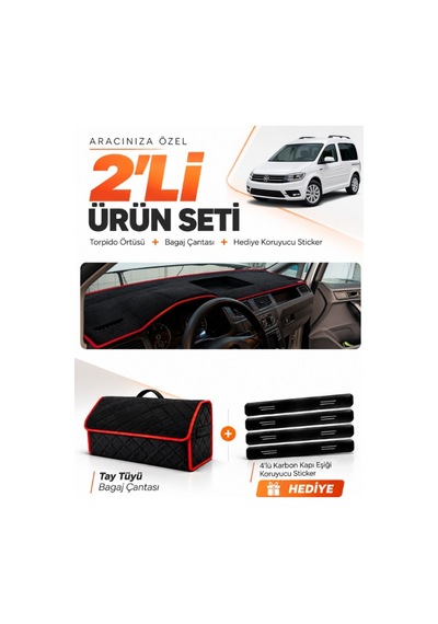 Volkswagen Caddy 2015-2019 Uyumlu Torpido Örtüsü + Tay Tüyü Çanta + Sticker - Siyah Kırmızı