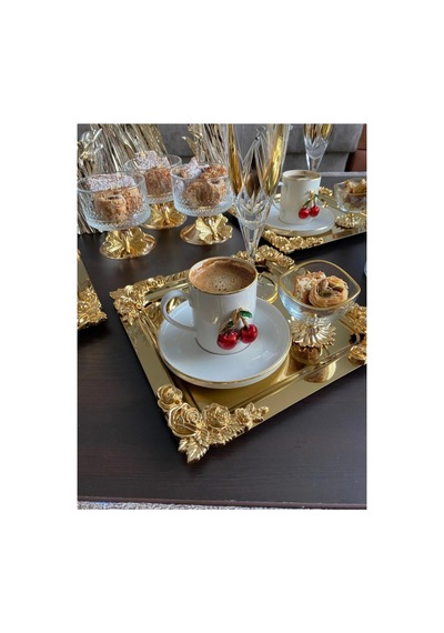 Komple Gold Detaylı 18/10 Çelik Kahve Sunum Tepsisi 6 Adet Altın