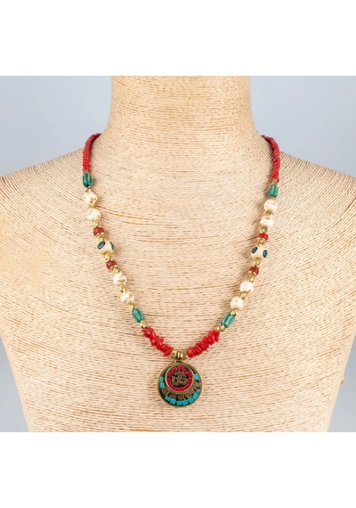 Ritual Om Otantik Spiritüel Kadın Kolye Om Sembolü, Pirinç & Doğal Taşlı, 60 Cm Bohem Kolye Çelik