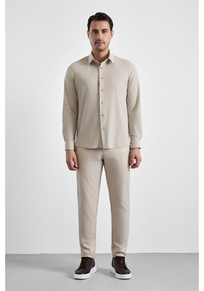 Süvari Ekru Slim Klasik Yaka Düz Casual Gömlek Gm1008400364-bj1