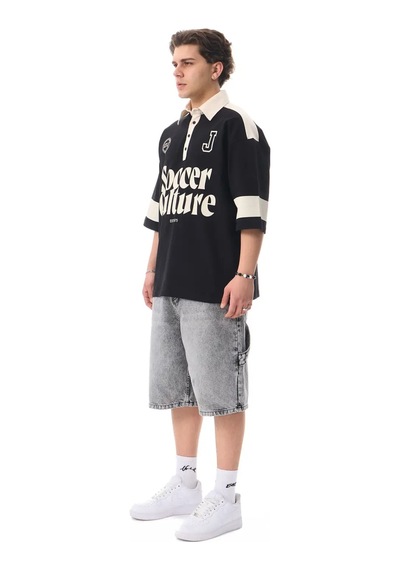 More Black Soccer Culture Baskılı Polo Yaka Premium Oversize Tshirt Kemik