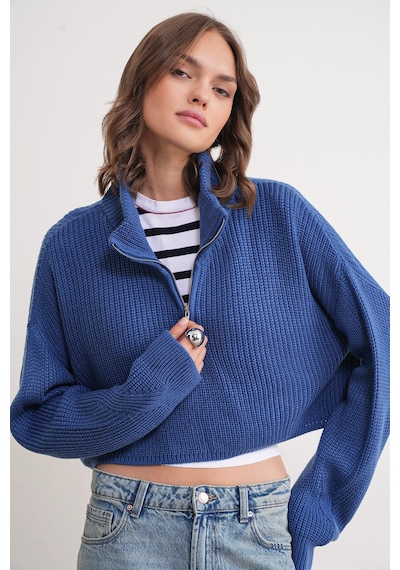 Mixray 6752 Kadın Crop Fermuarlı Kazak İndigo