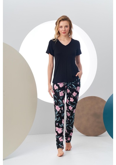 Pjs 24168 Kadın Kısa Kollu V Yaka Desenli Pijama Takım 001