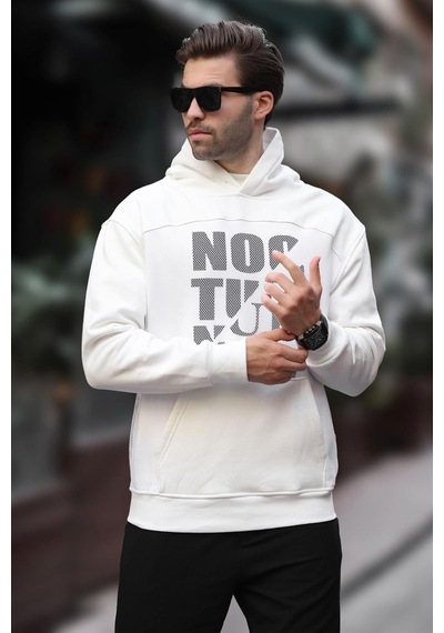 Madmext Ekru Baskılı Kapüşonlu Cep Detaylı Erkek Sweatshirt 7062 Ekru