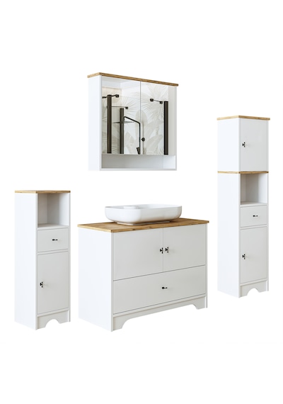 Oval Lavabolu Mdf 100 Cm Çekmeceli Banyo Dolabı Atlantik Çam - Beyaz