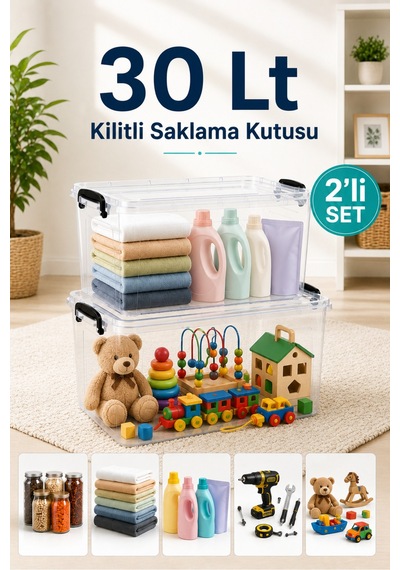 2'li 30 Lt Kilitli Saklama Kutusu Çok Amaçlı Kiler Erzak Hırdavat Deterjan Oyuncak Düzenleyici Organizer