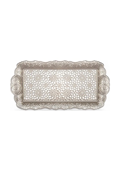 Osmanlı Motifli Küçük Metal Servis Tepsisi Dekoratif Sunum Tepsisi, 36 X 18 Cm, 306 G Gümüş Grisi 15cm