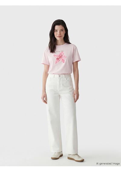 Lcw Comfort Pembe Çiçek Baskılı %100 Pamuklu Kadın Tişört