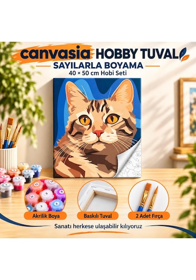 Sayılarla Boyama Numaralı Tuval Seti Boya Fırça Dahil 40x50 Cm Kedi Portresi