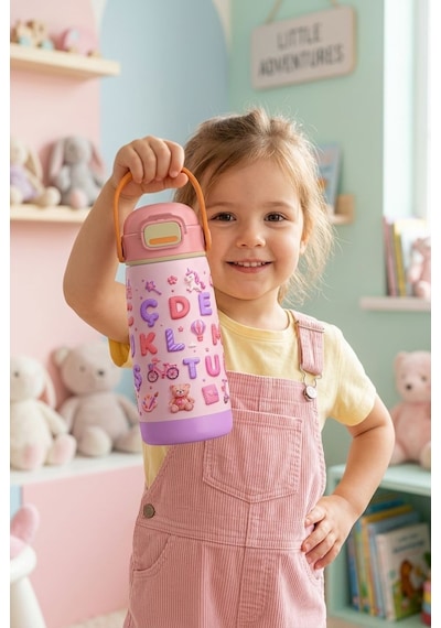 Puccon 420 Ml Kız Çocuklar İçin Alfabe Harfler Baskılı Çelik Matara Termos Suluk - 60018 Pembe - Mor