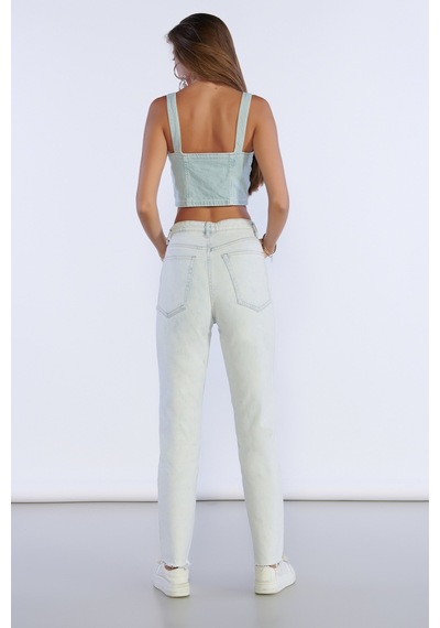 Buz Mavi Yüksek Bel Kesik Paça Detaylı Mom Jeans-buz Mavisi Buz Mavi