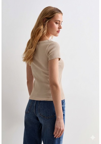 Rooted-kadın Kare Yaka T-shirt & Bluz , Likralı Fitilli Kaşkorse Kumaş Taş