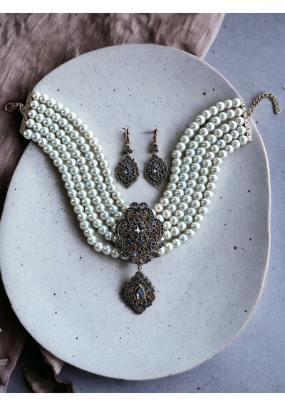 Black Diamond Zirkon Taşlı İnci Kolye Ve Küpe Seti Beyaz