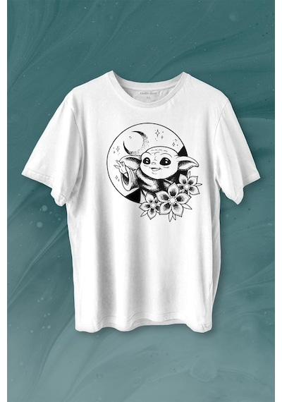 Baby Yoda Star Wars Mandalorian Ay Hilal Silüeti Baskılı Tişört Unisex T-shirt 001