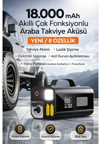 18000 Mah Akıllı Çok Fonksiyonlu Araba Takviye Aküsü Dijital Ekran, Led Işık, Usb Çıkış 18.000 Mah 18.000 Mah