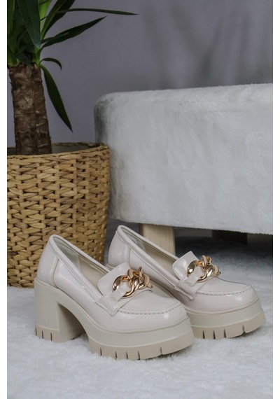 Asmi Shoes Kadın Zincir Tokalı Karmi 8 Cm Topuklu Platformlu Loafer Ayakkabı Krem Rugan Krem