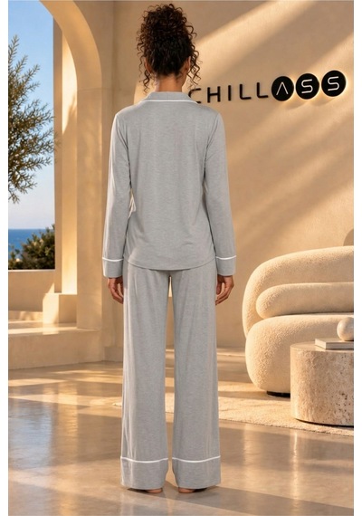 Chıllass Kadın Pamuklu Uzun Kollu Pijama Takımı Önden Düğmeli Gri Gri