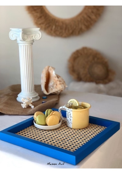 Rattan Hazeran Kare Tepsi Alaçatı Mavisi %100 Doğal Hazeran M028