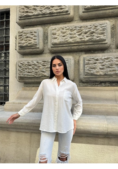 WeShaya Beyaz Oversize Kırışık %100 Polyester Gömlek Beyaz