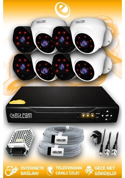 Elitcam 8 Kameralı Uzay 4 İç Kamera Set HDD'siz Full HD Gece Görüşlü Güvenlik Kamerası Sistemi