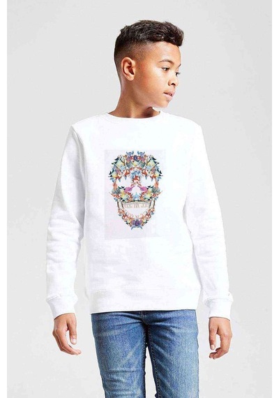 Tshirthane Aqua Skull Baskılı Unisex Çocuk Beyaz Sweatshirt