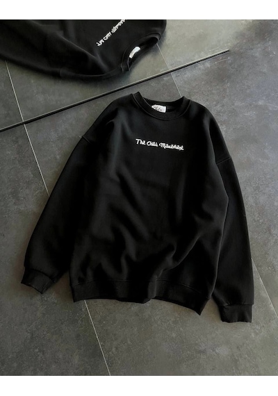 Assema Üç İplik Penye Bisiklet Yaka Baskılı Sweatshirt - Siyah Çok Renkli