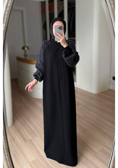 Kahijab Kendinden Desenli Yarım Balıkçı Merserize Elbise - Siyah