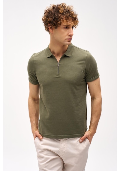 Açık Yeşil Slim Fit Dar Kalıp Fermuarlı Polo Yaka Düz Kısa Kollu Tişört-16406 Yeşil