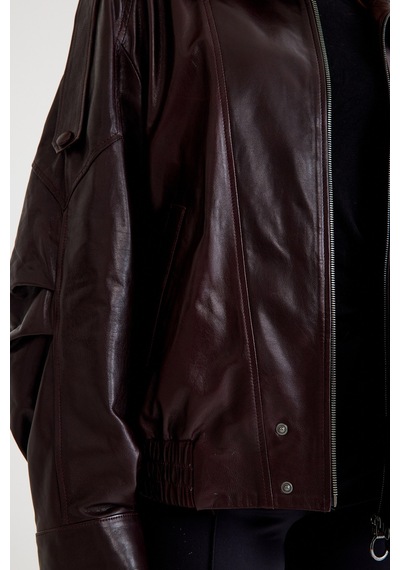 Oversize Kısa Bayan Deri Ceket Vb-14-bk-2847-24115 Bordo