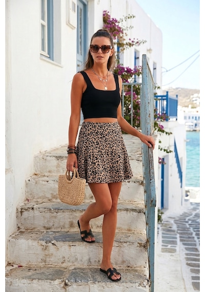 Lela Beli Lastikli Mini Şort Bayan Etek 5864024 Leopar