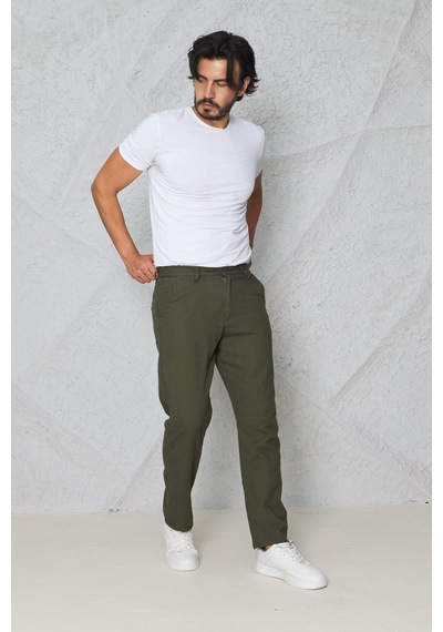 Blayn Jeans Erkek Fileto Cepli Yazlık Keten Pantolon Haki Yeşil