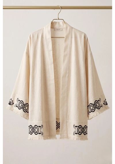 Rovebella Mistico Keten Dokulu Kısa Kimono Krem
