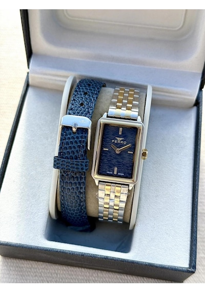 Ferro Fl21626awt-d3 Quartz Çift Kordonlu Lacivert Kadran 22 Mm Kadın Kol Saati Altın