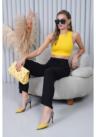 Polologin Butik Beli Bağcıklı Yüksek Bel Bol Paça Siyah Pantolon Siyah