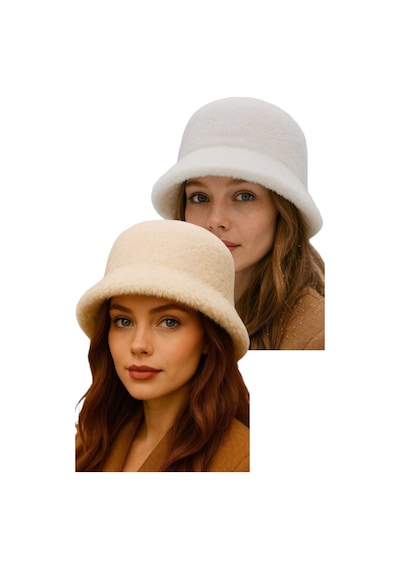 Uniquetrenders Kadın Soft Peluş Ayarlanabilir İpli Bucket Kova Şapka 2 Li Set Beyaz - Ekru