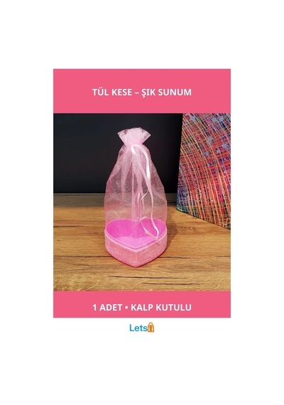 Pembe Kalpli Tül Kese Ve Simli Kalp Kutusu