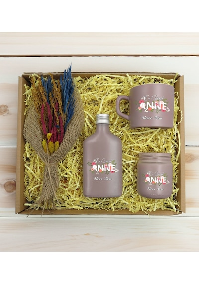 Bk Gift Kişiye Özel İsimli Dtf Anne Temalı Mat Gri Kahve Fincanı & Kolonya & Mum & El Yapımı Kuru Çiçek Buketi Hediye Seti-1, Anneye Hediye, Anneler G
