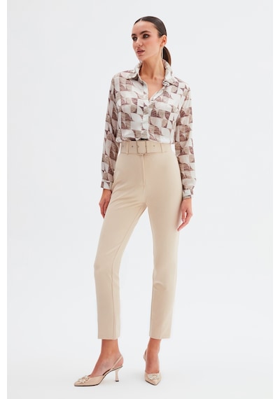 Sateen Yüksek Bel Kemerli Pantolon - Bej