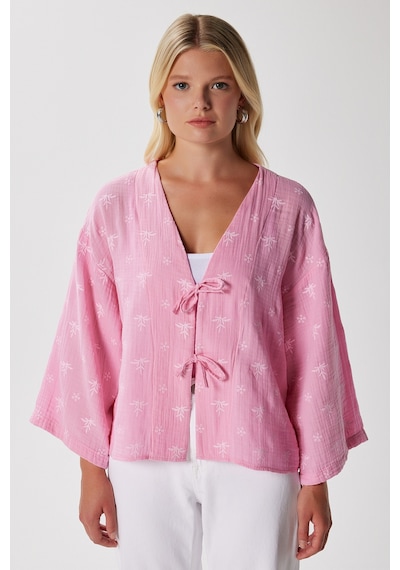 Ritnice Kadin Flora Müslin Kabartma Dokulu Pembe Kimono Pembe