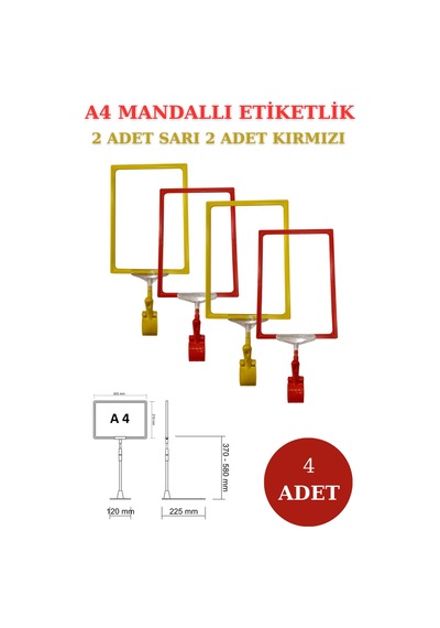 4adet Sarıkırmızı A4 Mandallı Sepet Etiketi Çerçeveli Etiketlik Sarı Kırmızı