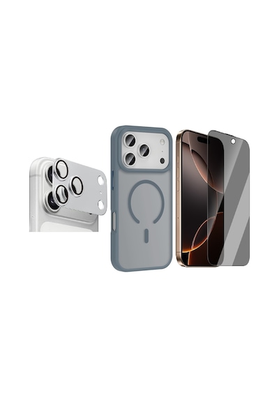 Vendas Apple iPhone Uyumlu  17 Pro Kılıf M-safe Şarj Özellikli Mat Arka Yüzey Zore Sio Kapak +lens +ekran Koruyucu Gri