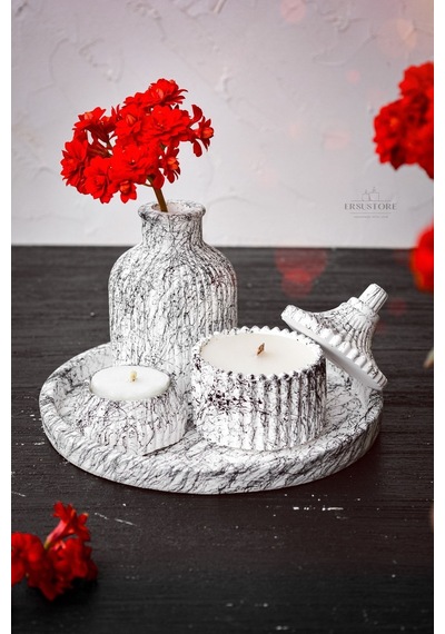 5 Parça Mermer Desen Dekoratif Beton Vazo Ve Vanilya Kokulu Soya 001